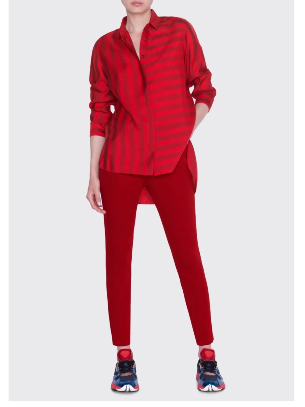 AKRIS Punto red striped Kodak button up blouse size XL silk US 16